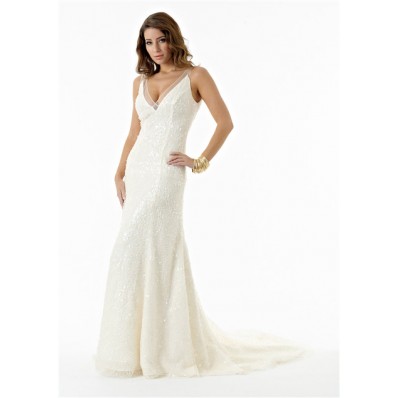 Sexy Mermaid Deep V Neck And Back Ivory Sequin Sparkly Wedding Dress With Train