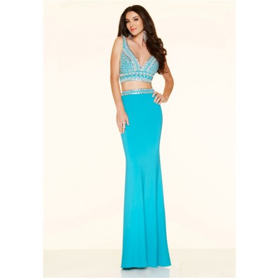 Sexy Mermaid Deep V Neck Two Piece Long Blue Jersey Beaded Prom Dress