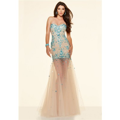Sexy Mermaid Strapless Champagne Tulle Blue Sparkle Beaded Prom Dress