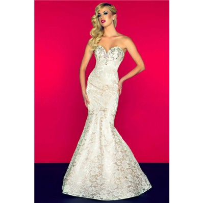 Sexy Mermaid Sweetheart Low Back Long Champagne Lace Beaded Occasion Prom Dress