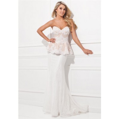 Sexy Mermaid Sweetheart Neckline V Back White Lace Peplum Long Evening Prom Dress