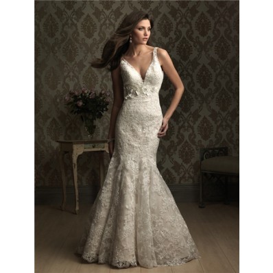 Sexy Mermaid V Neck Low Back Lace Wedding Dress With Flower Belt