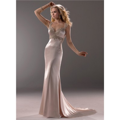 Sexy Sheath Sweetheart Champagne Colored Satin Beaded Wedding Dress Open Back