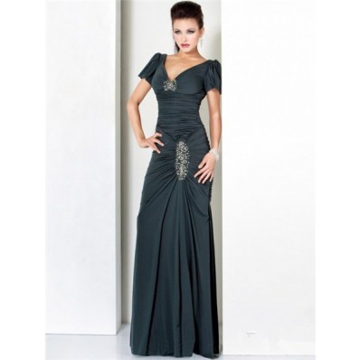 Sexy Sheath V Neck Long Dark Green Ruched Jersey Evening Wear Dress With Sleeve