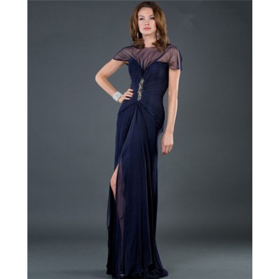 Sexy Sheer Long Navy Blue Chiffon Slit Evening Dress With Sleeves Low Back