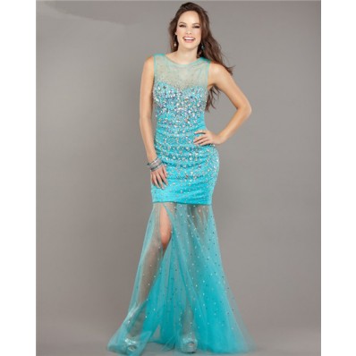 Sexy Sheer Neckline Open Back Turquoise Tulle Beaded Prom Dress With Slit
