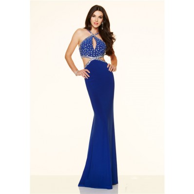 Sexy Side Cut Out Long Royal Blue Jersey Beaded Prom Dress With Straps