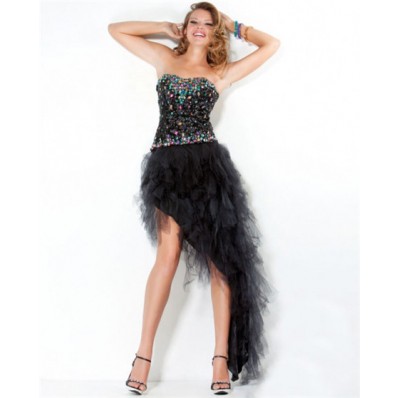 Sexy Strapless Asymmetrical Black Tulle Beaded Sweet Sixteen Party Prom Dress