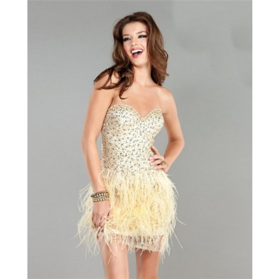 Sexy Sweetheart Short Mini Pale Yellow Beaded Feather Cocktail Party Dress