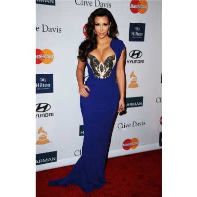 Sexy Tight Long Royal Blue Beaded Stretch Jersey Kim Kardashian Celebrity Dress