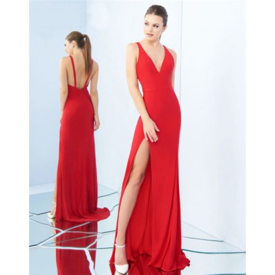 Sexy V Neck Low Back Side Slit Red Jersey Evening Prom Dress With Straps
