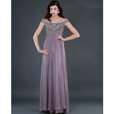 Sexy empire off shoulder long lilac beading chiffon evening dress