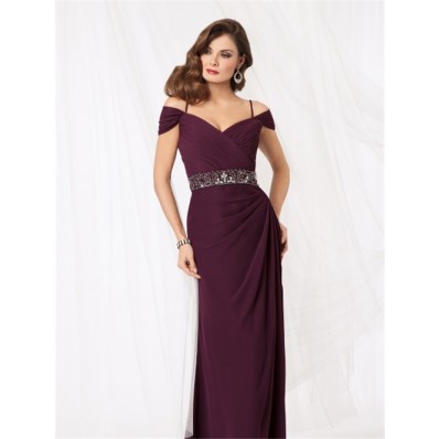 Sexy off shoulder floor length purple chiffon mother of the bride dress