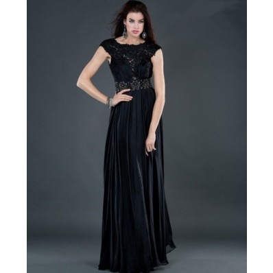 Sexy sheath backless long black beading chiffon evening dress with lace