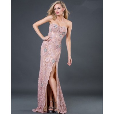 Sexy sheath sweetheart long pink beading lace evening dress with slit