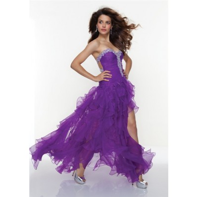Sexy sweetheart purple organza high low prom dress with beading and ruffles