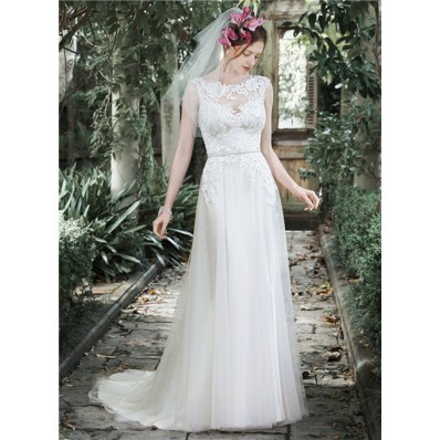 Sheath Bateau Neckline See Through Tulle Lace Wedding Dress With Belt