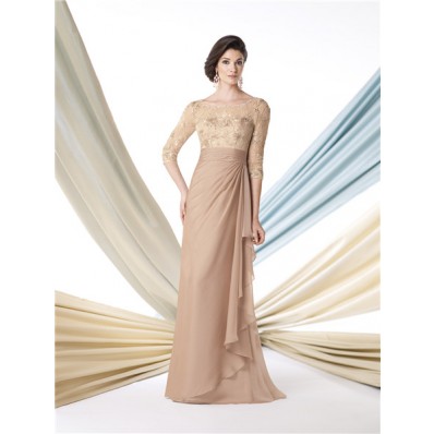 Sheath Boat Neckline Champagne Chiffon Lace Sleeve Mother Of The Bride Evening Dress