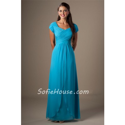 Sheath Cap Sleeves Turquoise Chiffon Ruched Long Modest Bridesmaid Dress