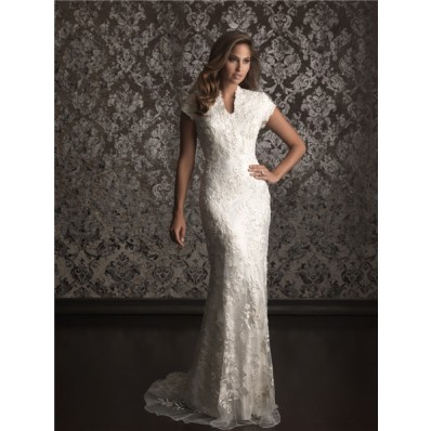 Sheath/ Column high neck sweep train modest lace wedding dress with short sleeves