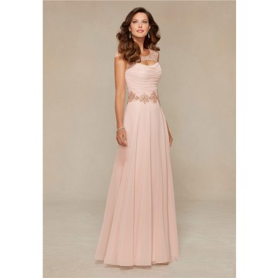 Sheath Front Cut Out Long Blush Pink Chiffon Beaded Mother Of The Bride Evening Dress