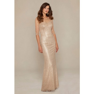 Sheath Illusion Neckline Champagne Sequin Tulle Pearl Beaded Evening Dress With Sleeves