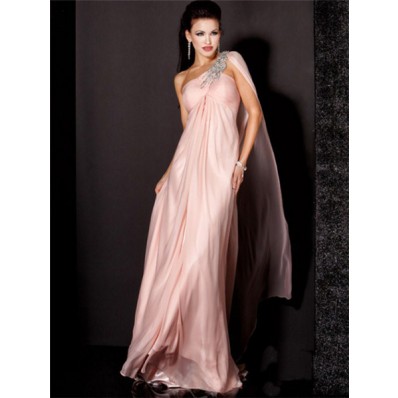Sheath One Shoulder Empire Waist Long Light Pink Chiffon Beading Evening Dress With Shawl