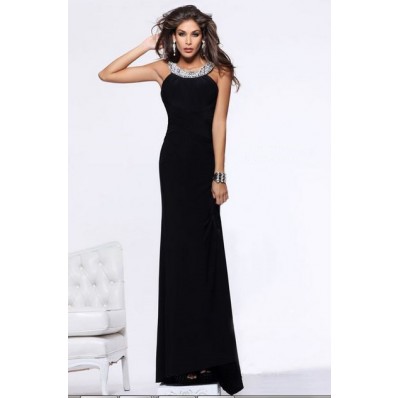 Sheath Scoop Neck Backless Long Black Chiffon Formal Evening Prom Dress With Straps