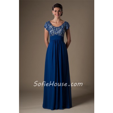Sheath Scoop Neck Empire Waist Long Royal Blue Chiffon Beaded Evening Prom Dress