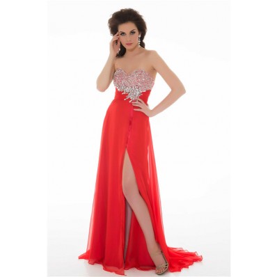 Sheath Strapless Long Red Chiffon Beaded Homecoming Prom Dress With Slit