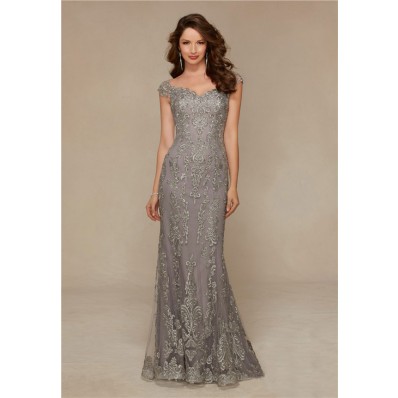 Sheath Sweetheart Cap Sleeve Grey Lace Beaded Formal Occasion Evening Dress