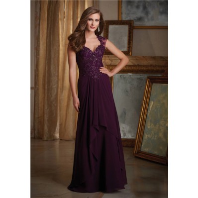 Sheath Sweetheart Cap Sleeve Long Purple Chiffon Lace Beaded Evening Dress With Buttons