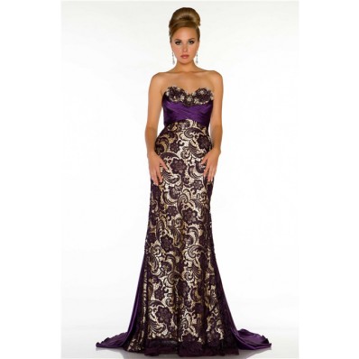 Sheath Sweetheart Long Dark Purple Satin Lace Special Occasion Prom Evening Dress
