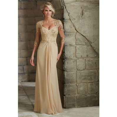 Sheath Sweetheart Open Back Champagne Chiffon Lace Mother Of The Bride Dress With Sleeves