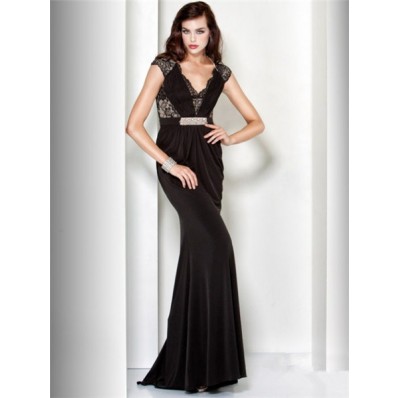 Sheath V Neck Cap Sleeve Long Black Lace Velvet Evening Dress With Belt