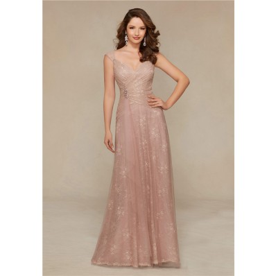 Sheath V Neck Cap Sleeve Long Blush Pink Lace Mother Of The Bride Evening Dress