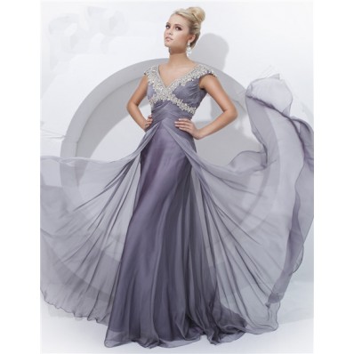 Sheath V Neck Cap Sleeve Long Charcoal Gray Ruched Chiffon Evening Prom Dress With Beading