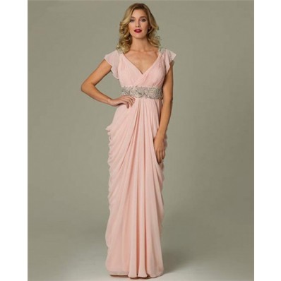 Sheath V Neck Cap Sleeve Long Light Pink Chiffon Draped Evening Dress