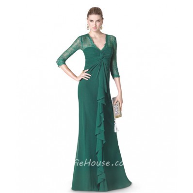 Sheath V Neck Green Chiffon Ruffle Special Occasion Evening Dress Lace Sleeves