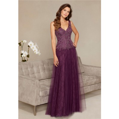 Sheath V Neck Long Eggplant Tulle Lace Beaded Special Occasion Evening Dress