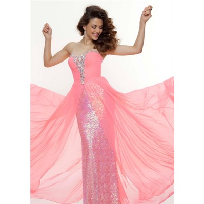 Sheath sweetheart long pink sequined flowy prom dress with beading