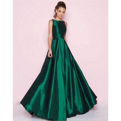 Simple A Line High Neck Full Back Emerald Green Taffeta Bridesmaid Prom Dress
