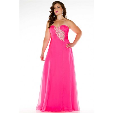 Simple A Line Strapless Long Neon Pink Chiffon Beading Plus Size Party Prom Dress