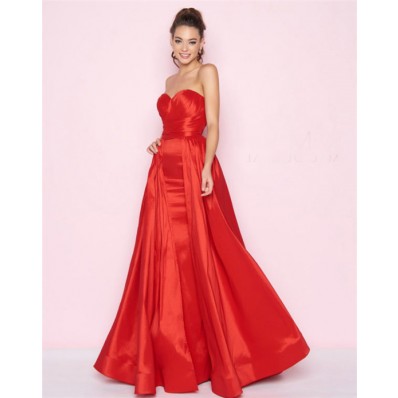 Simple A Line Strapless Sweetheart Red Taffeta Prom Dress With Overskirt
