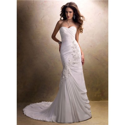 Simple A Line Sweetheart Asymmetrical Ruched Chiffon Wedding Dress With Lace