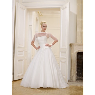 Simple Ball Gown Strapless Drop Waist Satin Tulle Corset Wedding Dress Bow Capelet Jacket