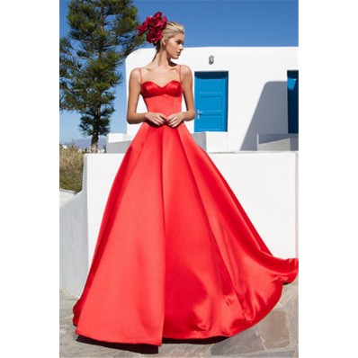 Simple Ball Gown Sweetheart Red Satin Prom Dress With Straps