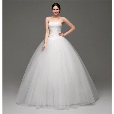 Simple Puffy Ball Gown Strapless Tulle Lace Corset Wedding Dress