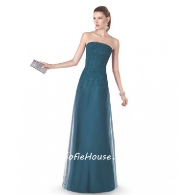 Simple Sheath Strapless Dark Green Tulle Lace Long Evening Prom Dress