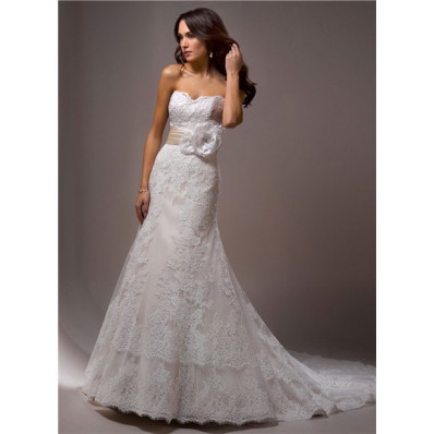 Slim A Line Strapless Vintage Lace Wedding Dress With Flower Sash